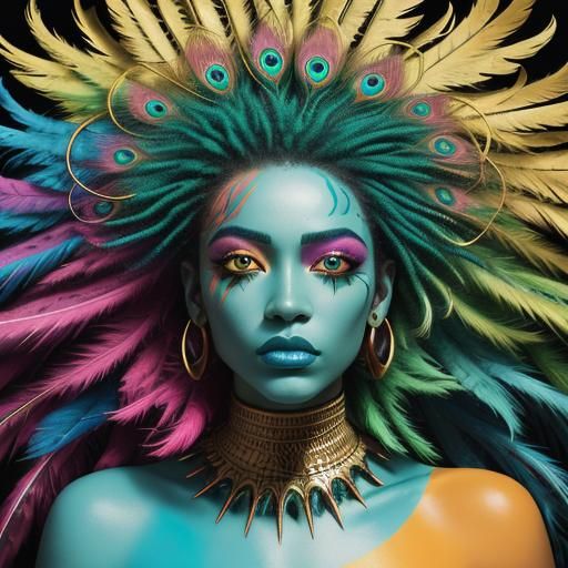 Abstract Expressionist Woman with Rainbow Skin and Feathers