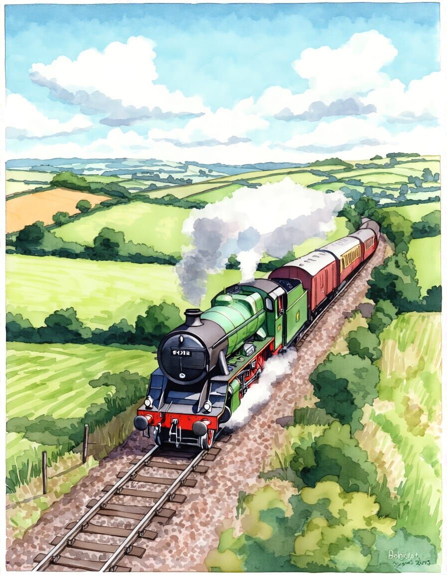 Vibrant Watercolor Train in Lush Green Rural Landscape