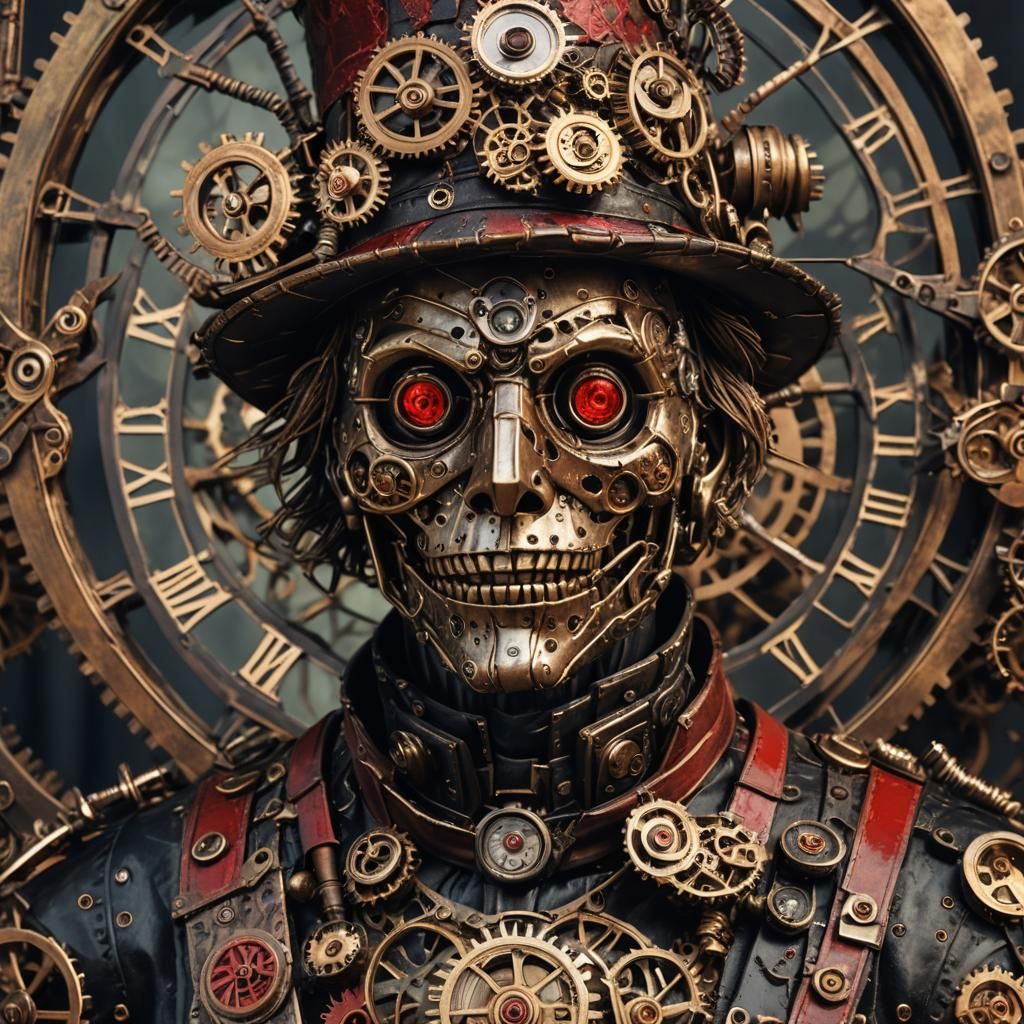 Steampunk Scarecrow Sculpture with Gears and Clocks