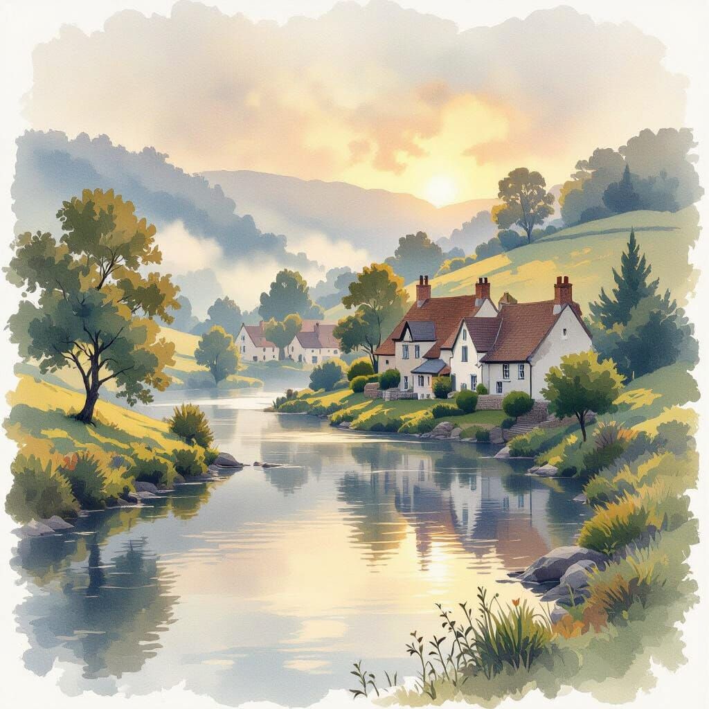 Serene Village by River at Golden Hour
