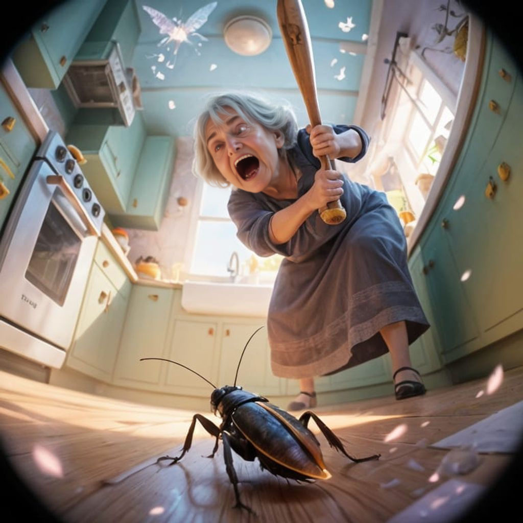 Terrified Woman and Cockroach: Bug's Eye View