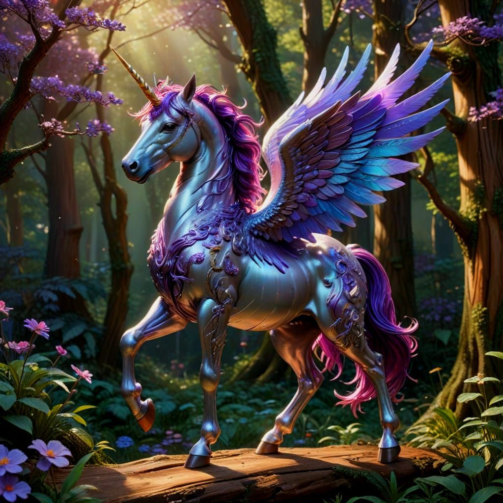 Realistic Fairy Unicorn Pegasus in Whimsical Candyland Wood