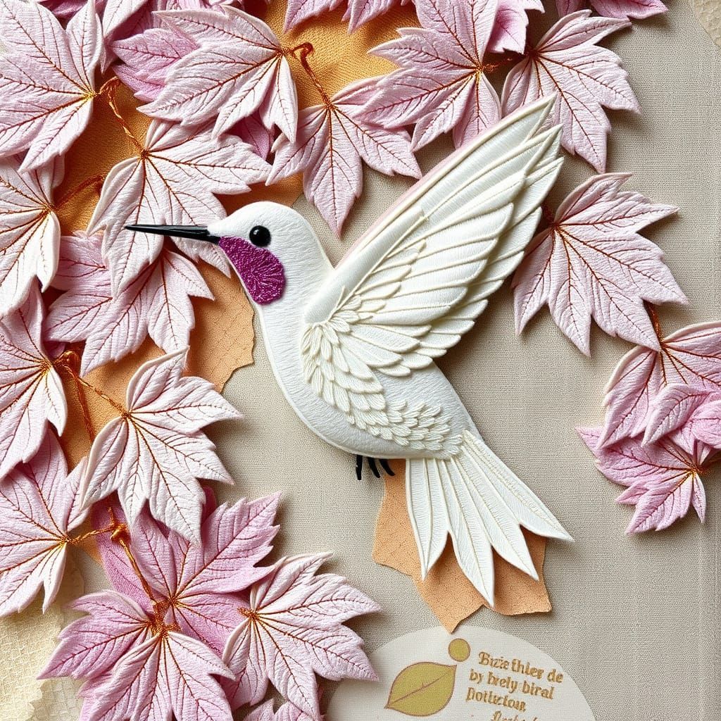 Delicate Textile Collage in Biza Butler Style with Hummingbi...