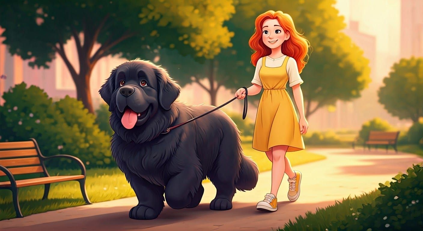 Woman Walking Dog in Park: Cel-Shaded Animation