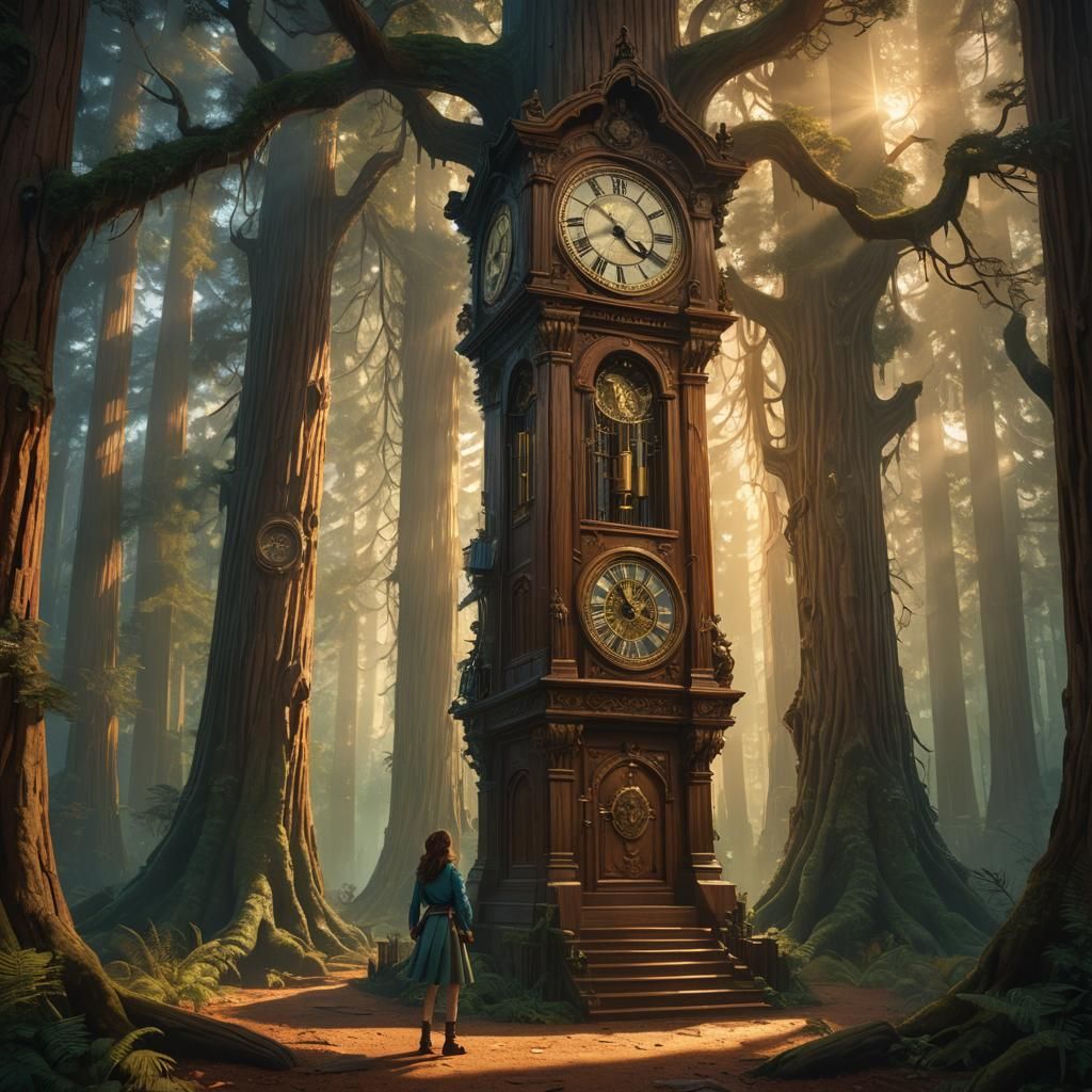 Girl Enters Grandfather Clock in Redwood Tree