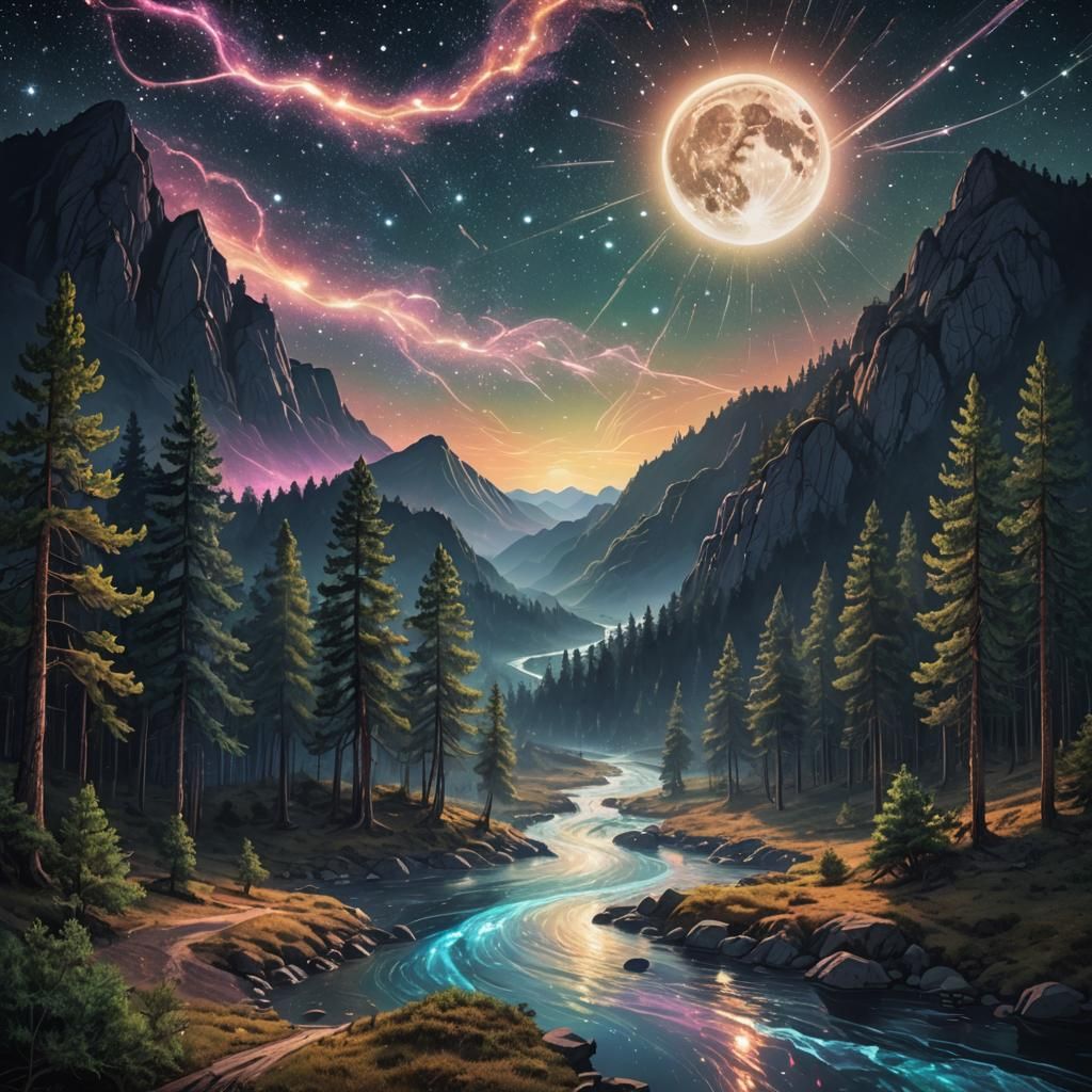 Cosmic Stardust Trails Over Moonlit River Valley