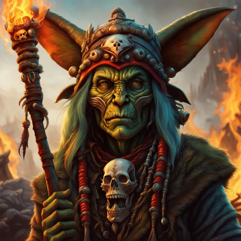 Goblin Shaman with Skull Helmet by Campfire