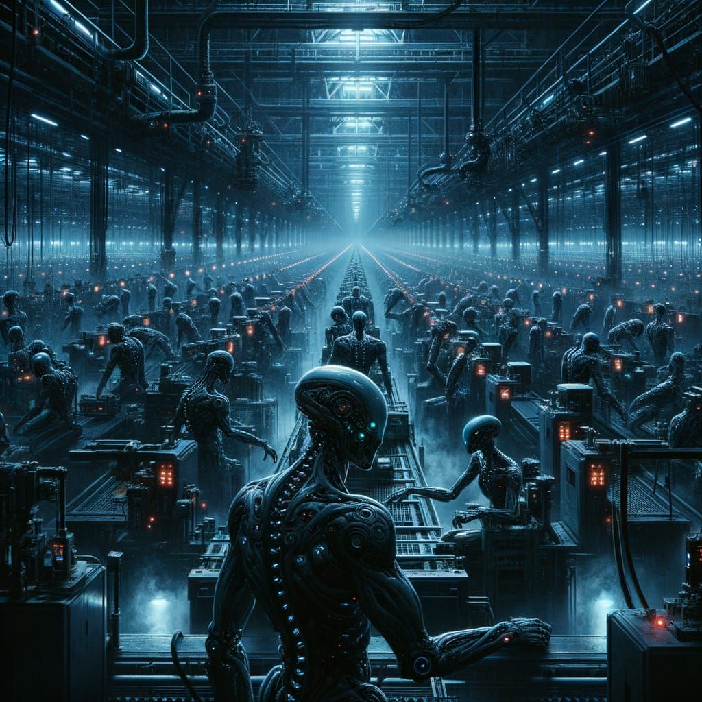 Ethereal Robots Converge in Dark, Futuristic Factory