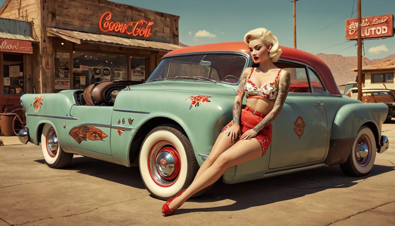 Vintage Pin-Up Girl Leans Against Rusted Hot Rod in Desert D...