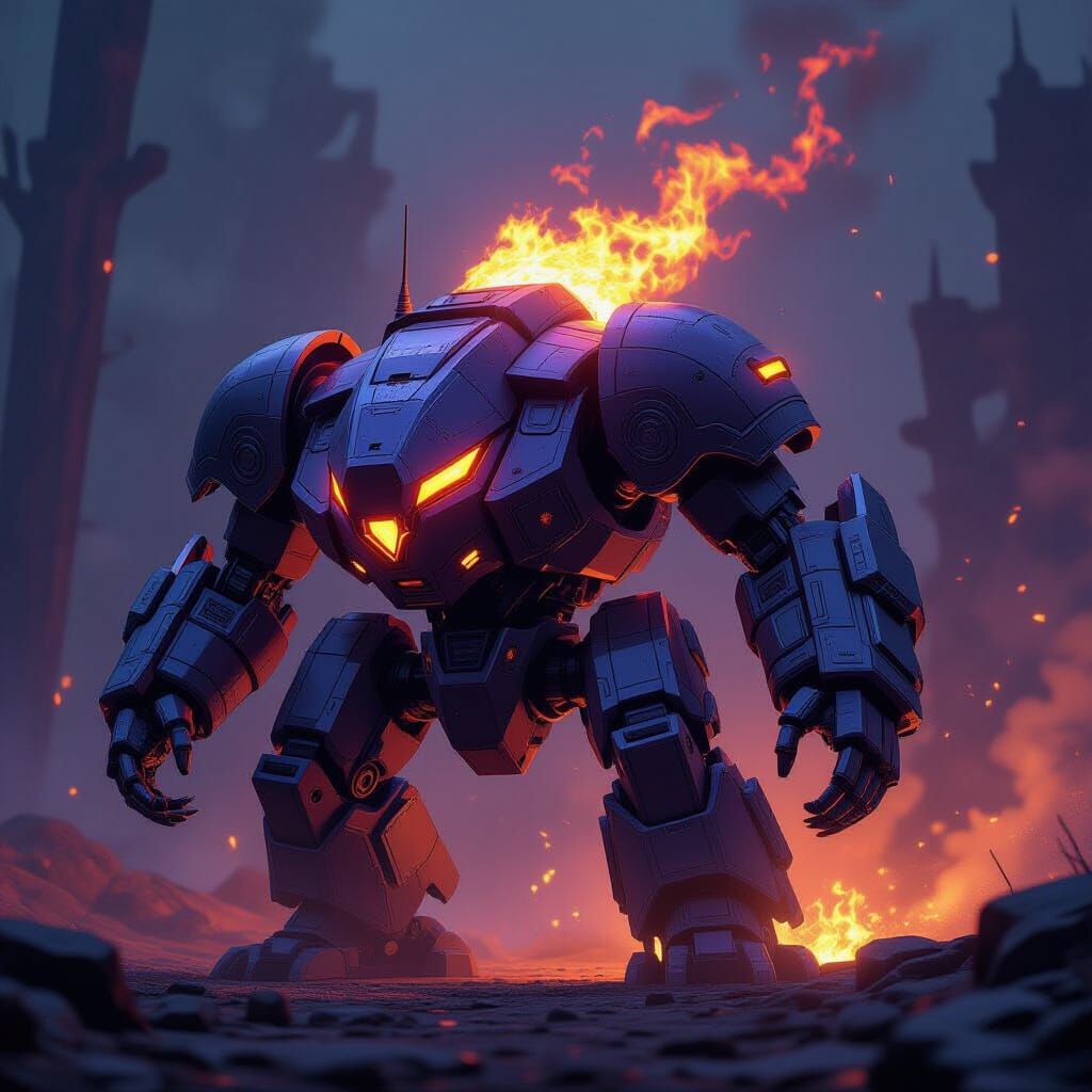 Fire-Powered Rhino Mech in Dark Fantasy World