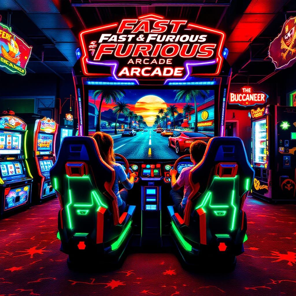 Vibrant Neon Arcade with Racing Simulators