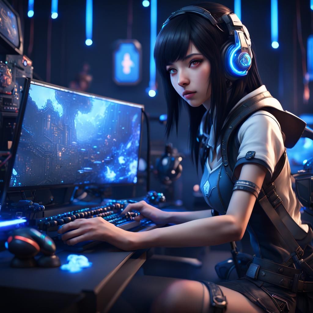 Anime Gamer Girl with Blue LED Setup