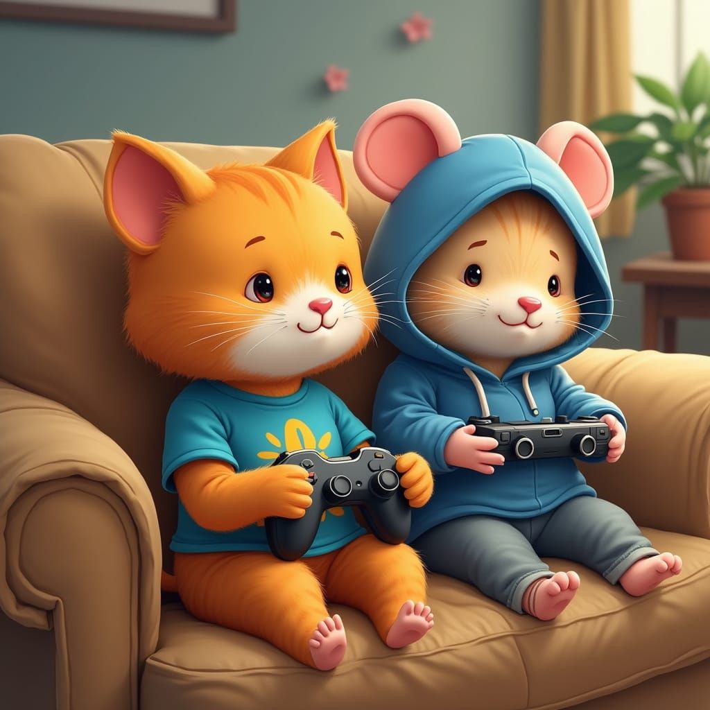 Cat and Mouse Play Video Games on Sofa in Whimsical Style