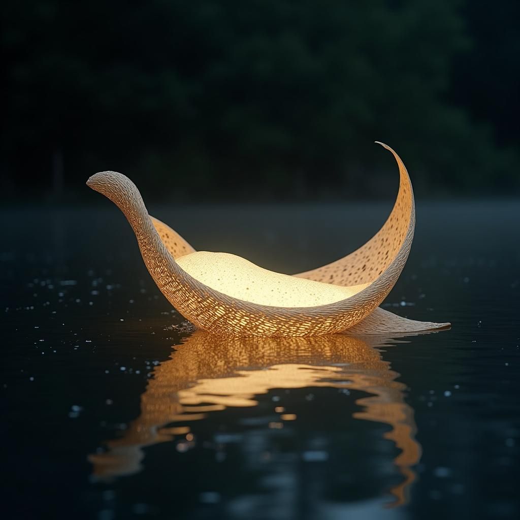 Glowing Bamboo Sculpture Reflects in Water at Night