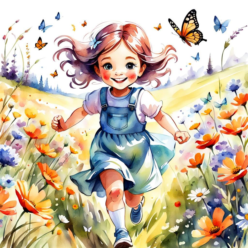 Girl in Blooming Meadow: Digital Watercolor Illustration