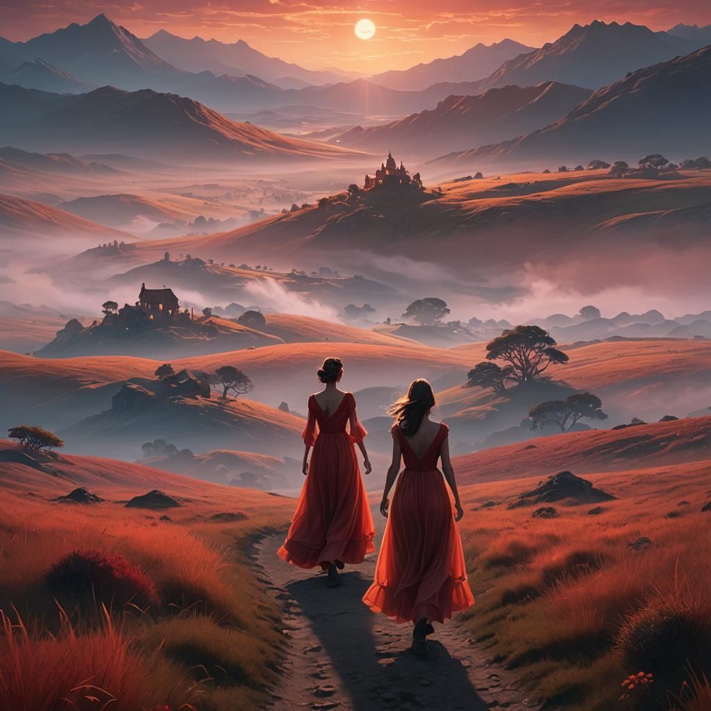 Woman in Red Dress at Dawn: Matte Painting