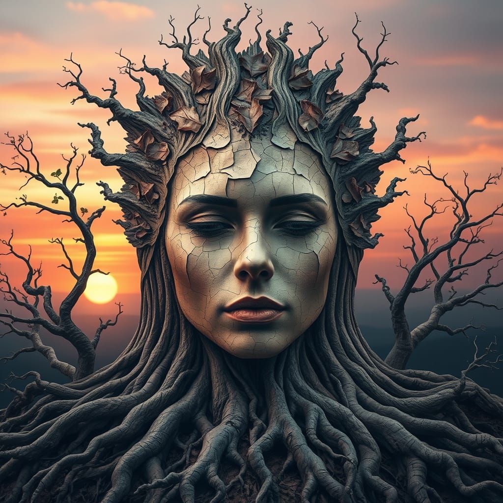 Surrealist Collage Portrait of Woman from Tree Bark