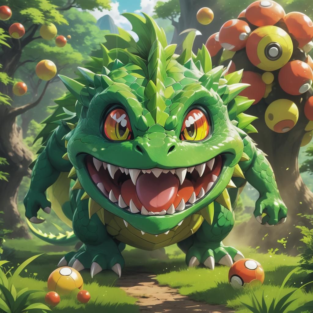 Vibrant Green Dragon Pokémon in Anime Style