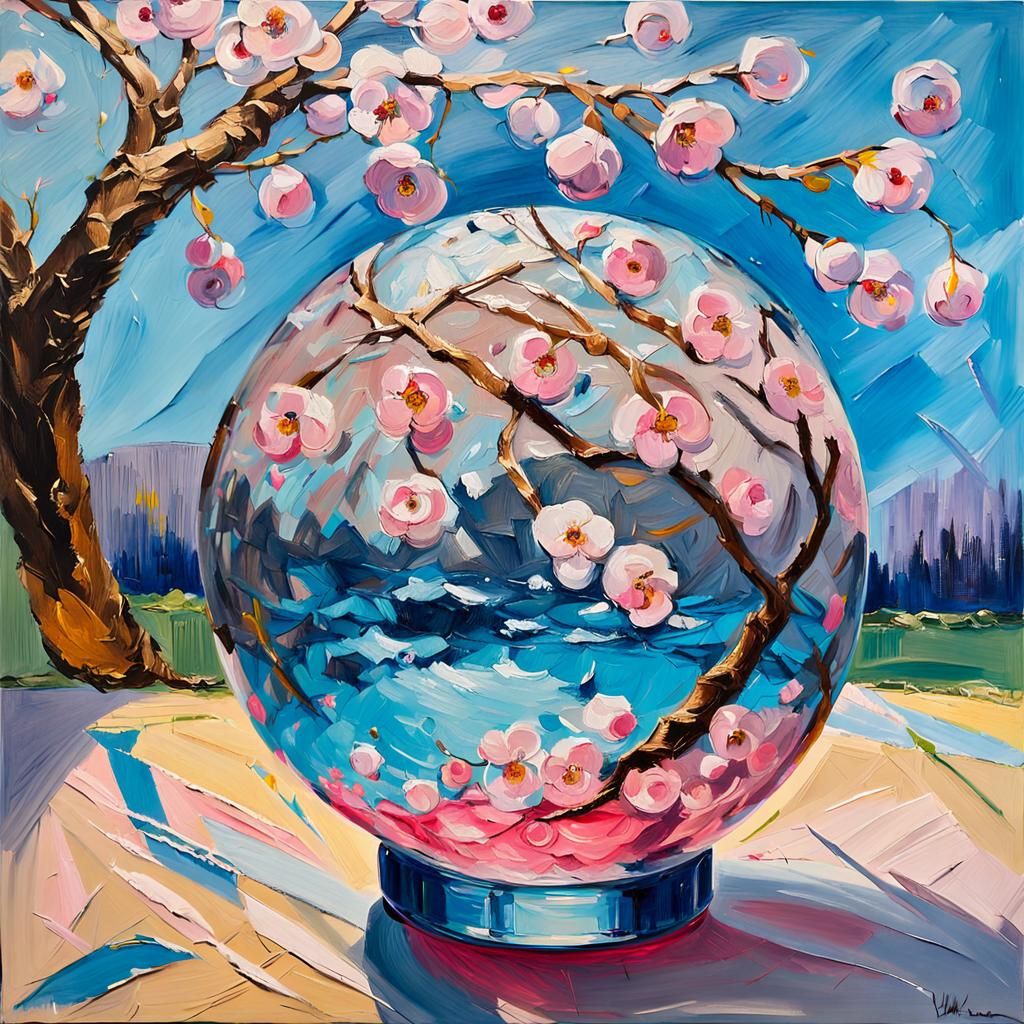 Cherry Blossoms in Glass Ball, Impasto Oil Painting