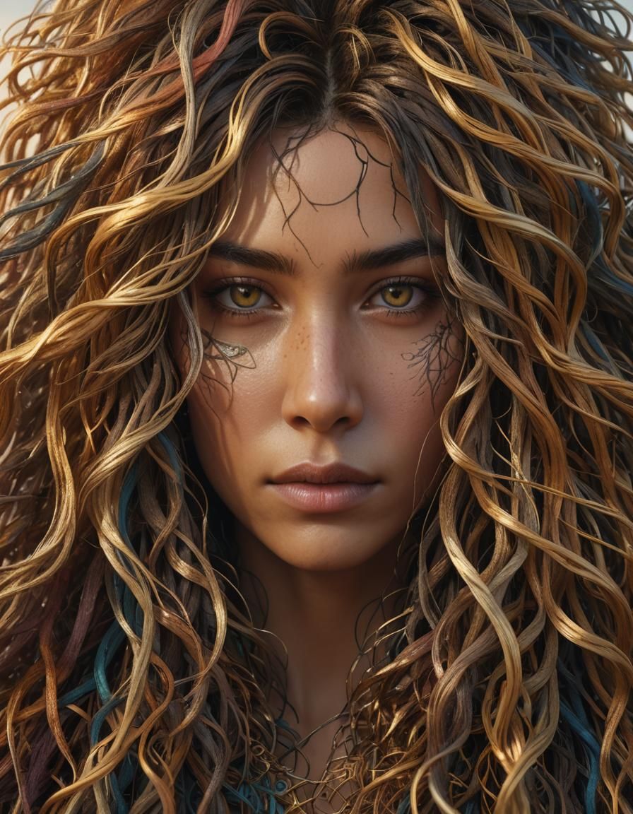 Intricate Hair Face in Grayscale