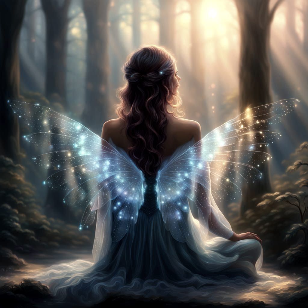 Ethereal Woman with Glowing Wings in Fantasy Space