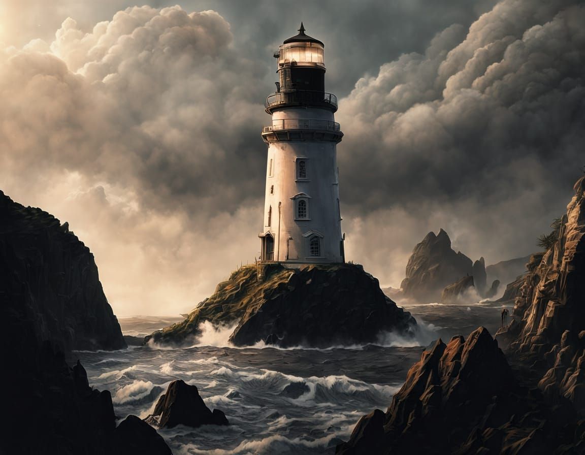 Lighthouse Beacon in Jet Black Landscape