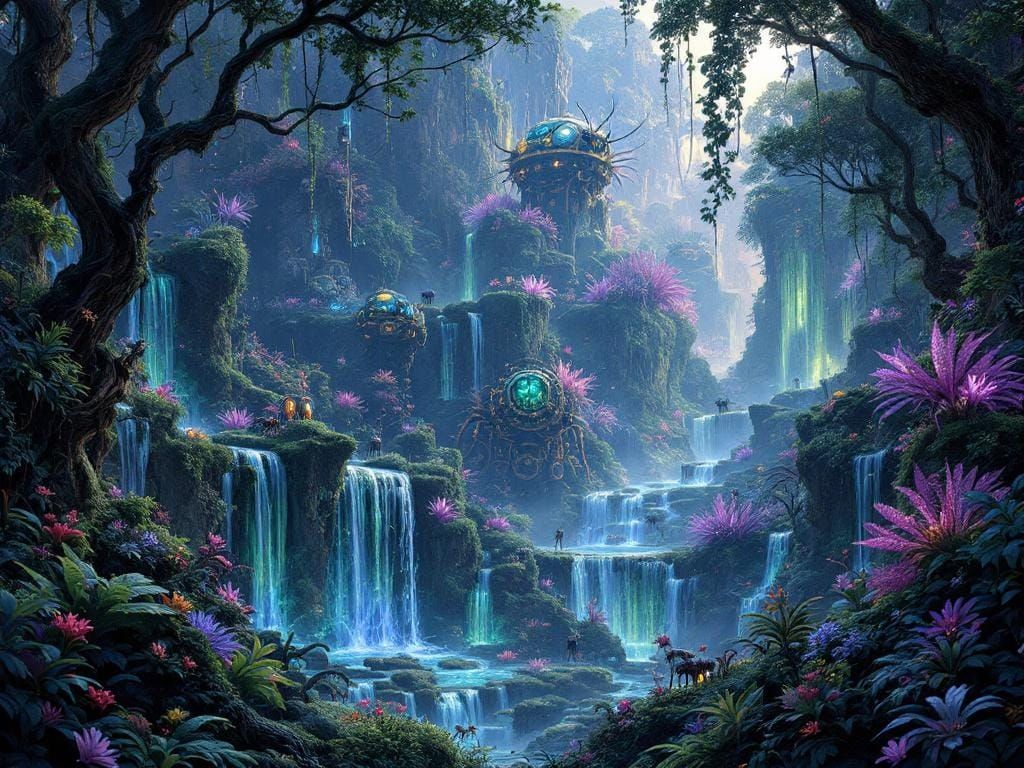 Bioluminescent Jungle with Clockwork Insects in Steampunk St...