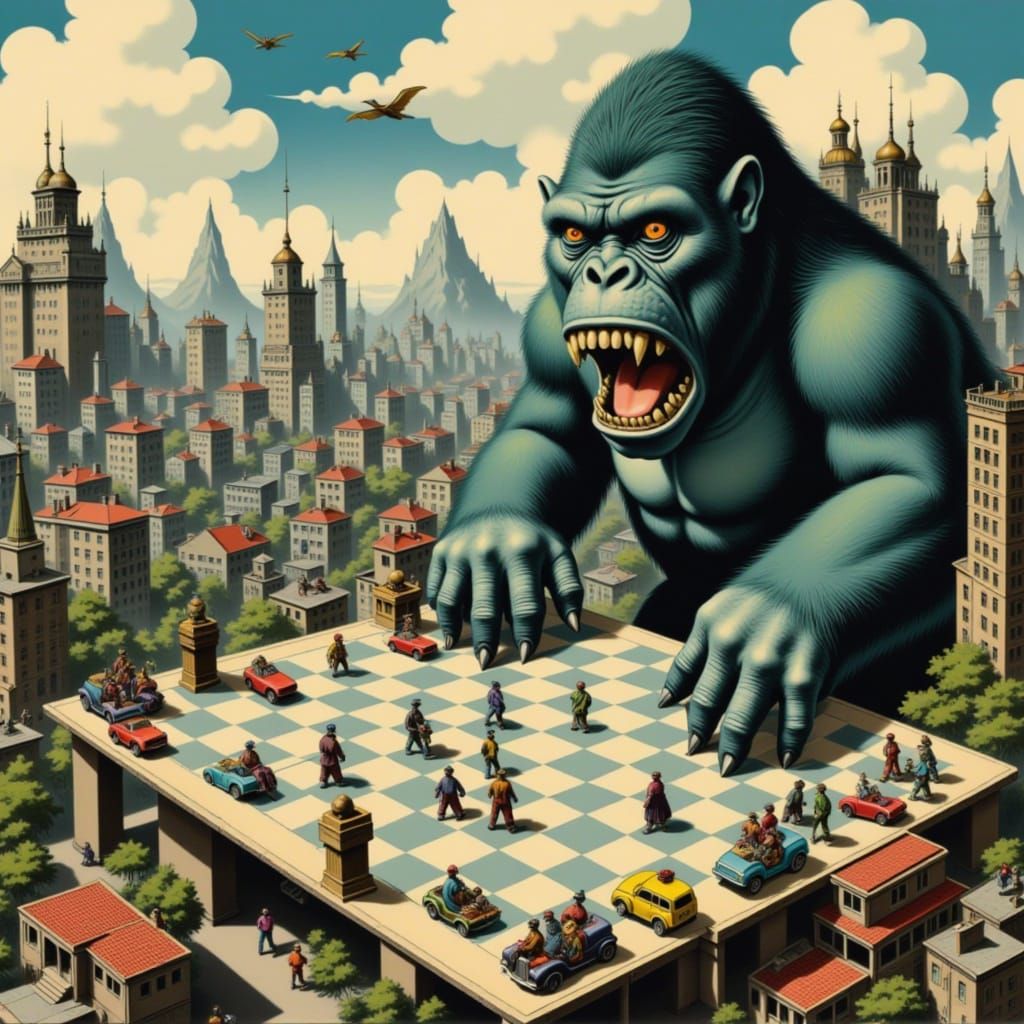 King Kong and Godzilla Play Chess in Cyberpunk City