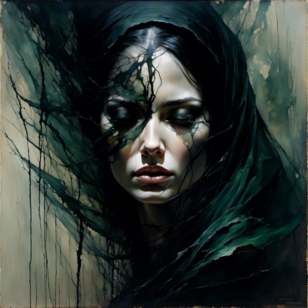 Beautiful Woman in Black Veil, Sinister Portrait
