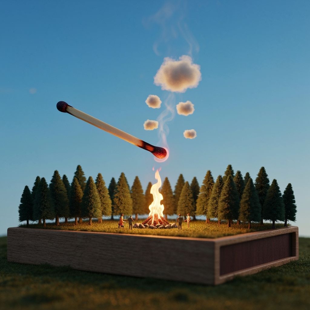 Giant Match Ignites Forest Campfire in Photorealistic Scene