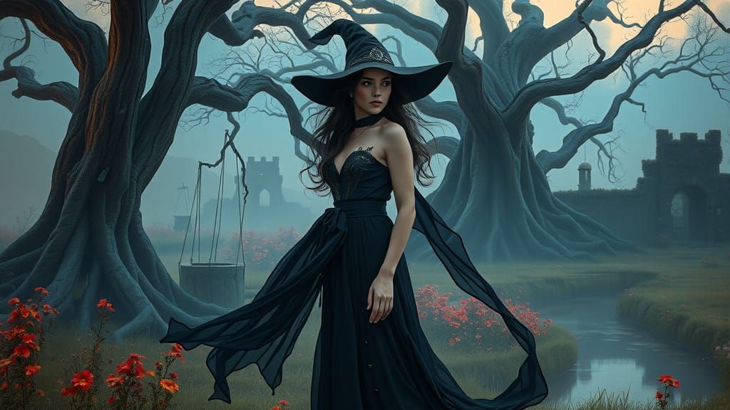 Seductive Witch in Twilight Meadow, Hyperrealistic Style