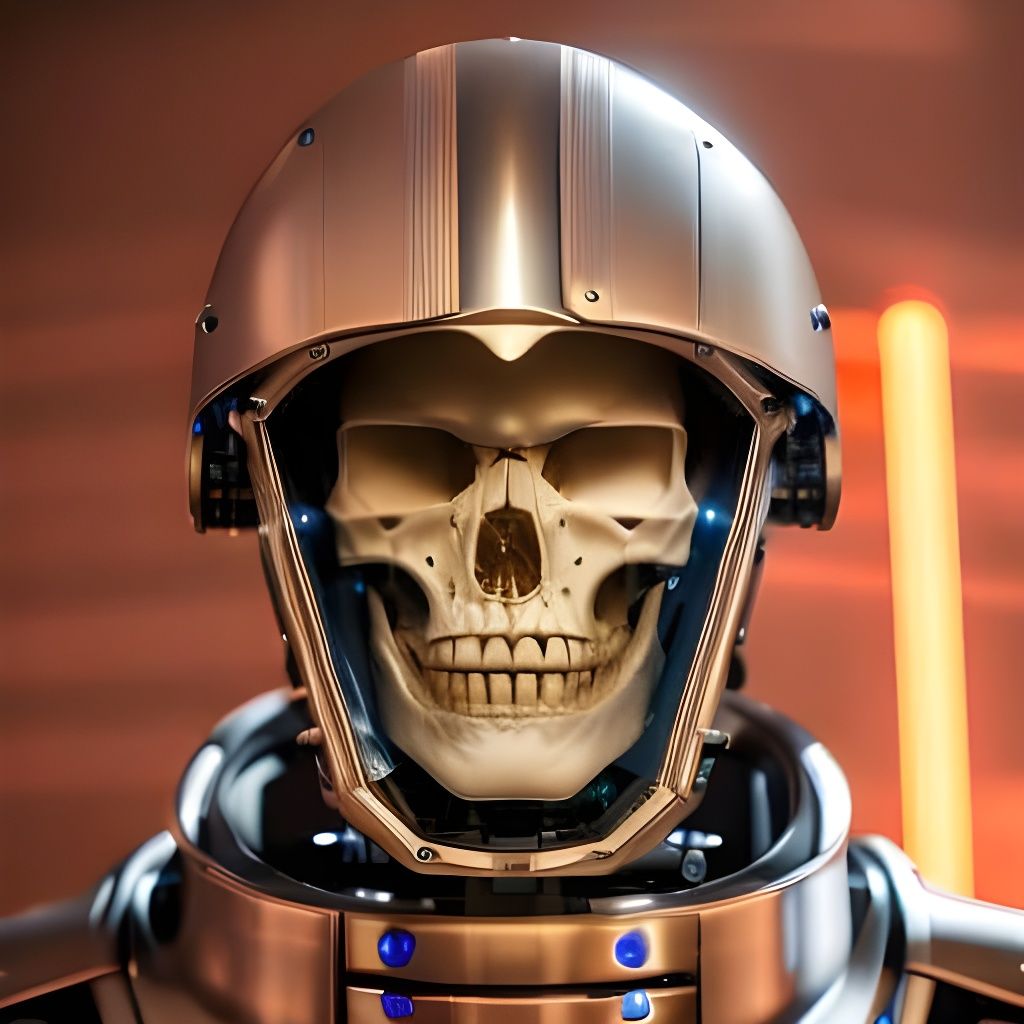 Solarpunk Robot Skull in Spaceship Engine Room