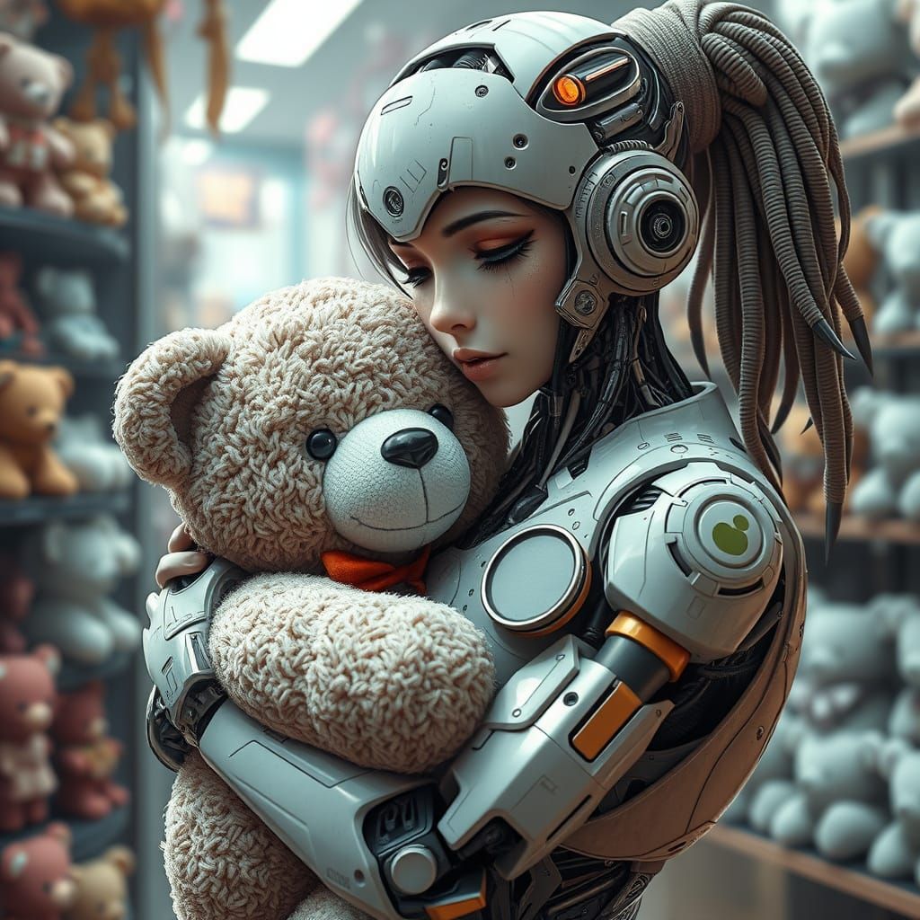 A beautiful cyborg with Teddy Bear.