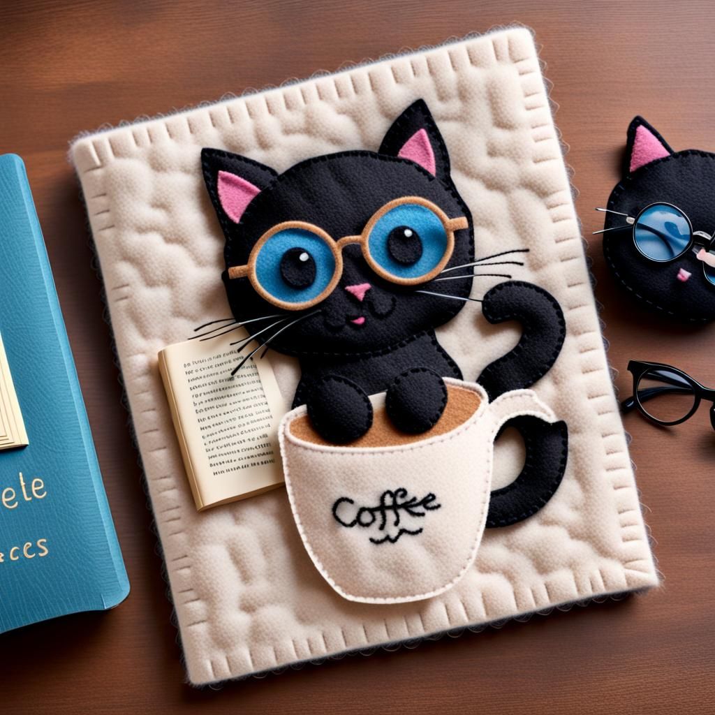 Cute Felt Art: Cat with Coffee and Book
