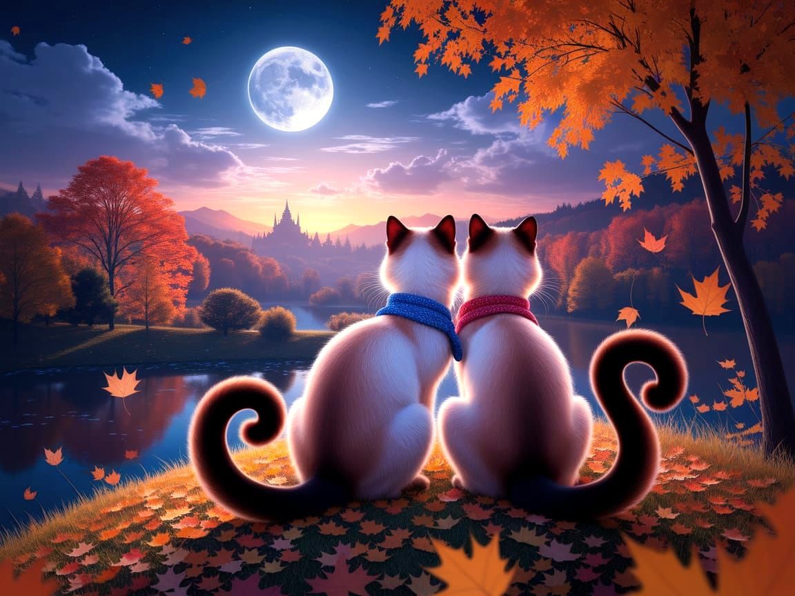Siamese Cats Under the Moon in Autumn Landscape