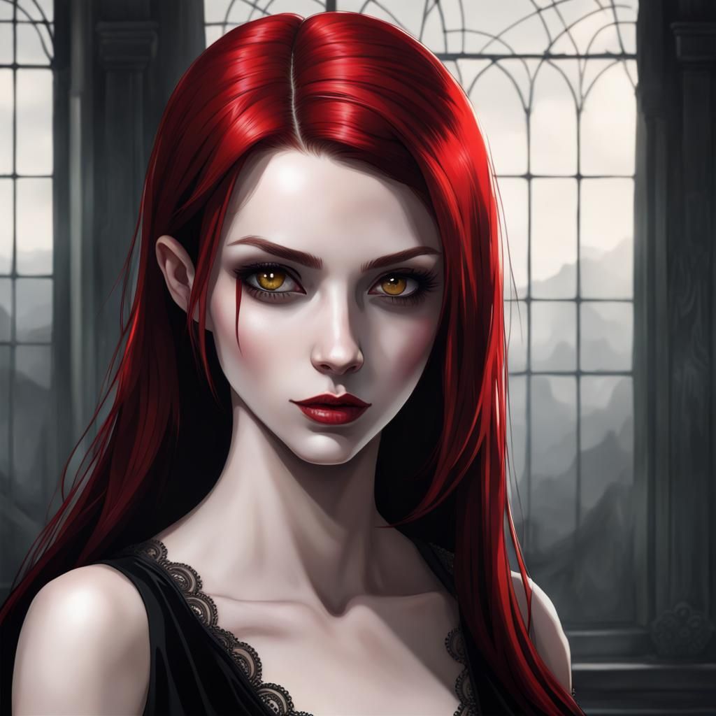 Vampire Woman with Red Hair and Olive Eyes