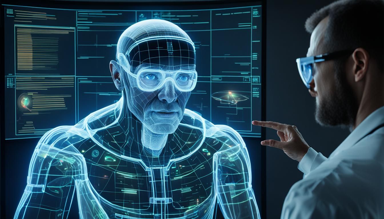 Scientist Collaborates with Holographic AI in Cyberpunk Lab
