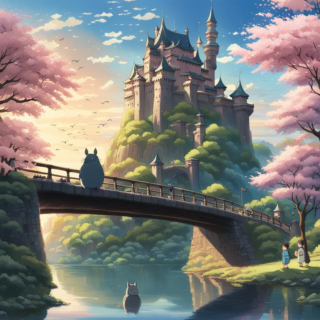 Totoro and Cat at Castle: Ghibli-esque Anime Art