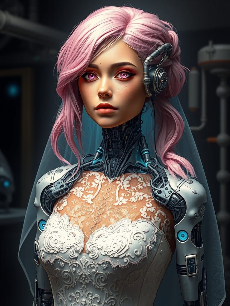 Cybernetic Woman in Lace Wedding Dress: Neon Futurism