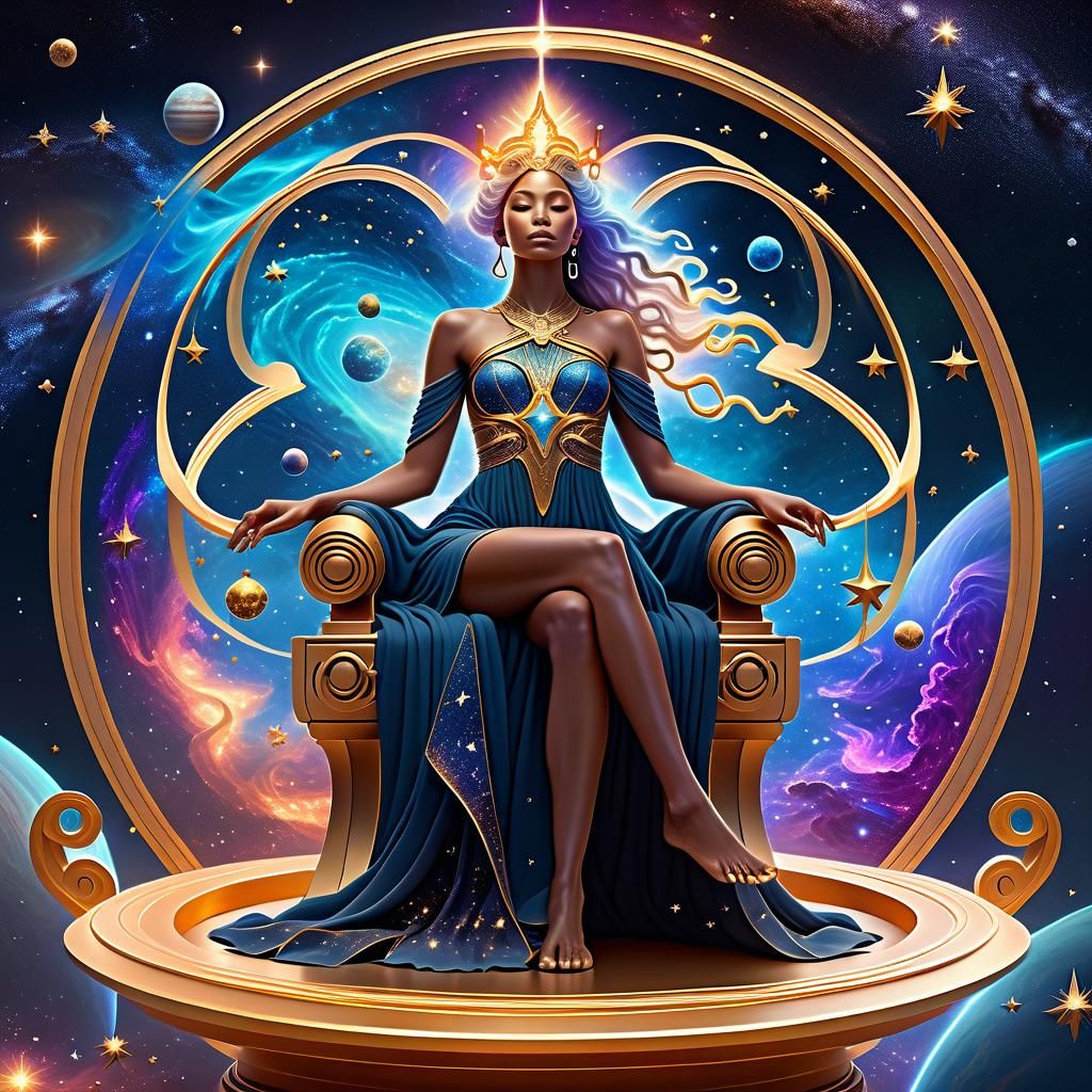 Nebulous Goddess on Floating Throne in Space