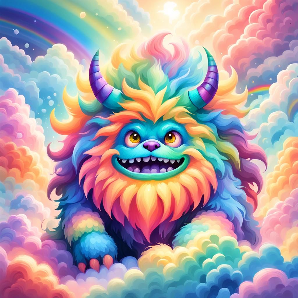 Colorful Fluffy Monster on Rainbow Cloud