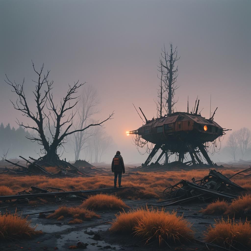 Eerie Landscape Encounter with Alien Artifact