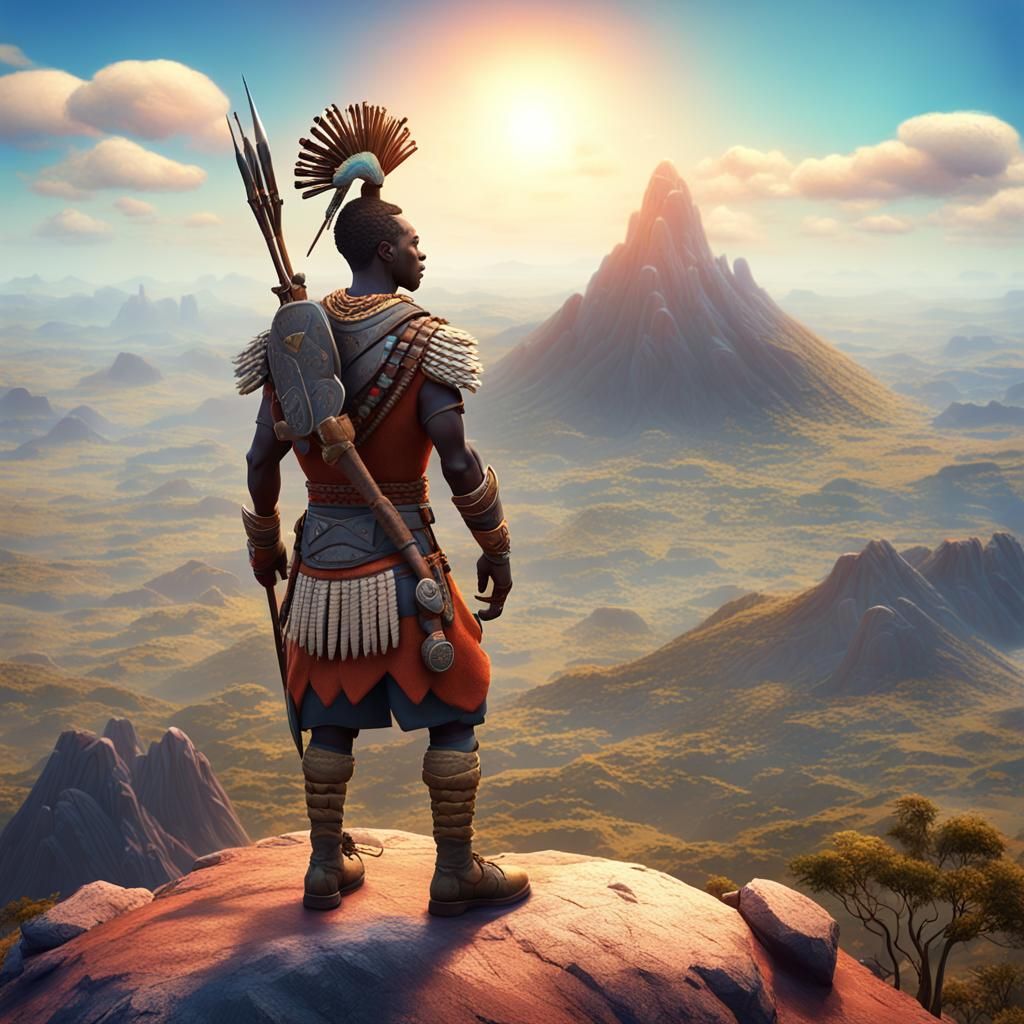 Zulu Warrior on Mountain Summit: 3D Digital Art