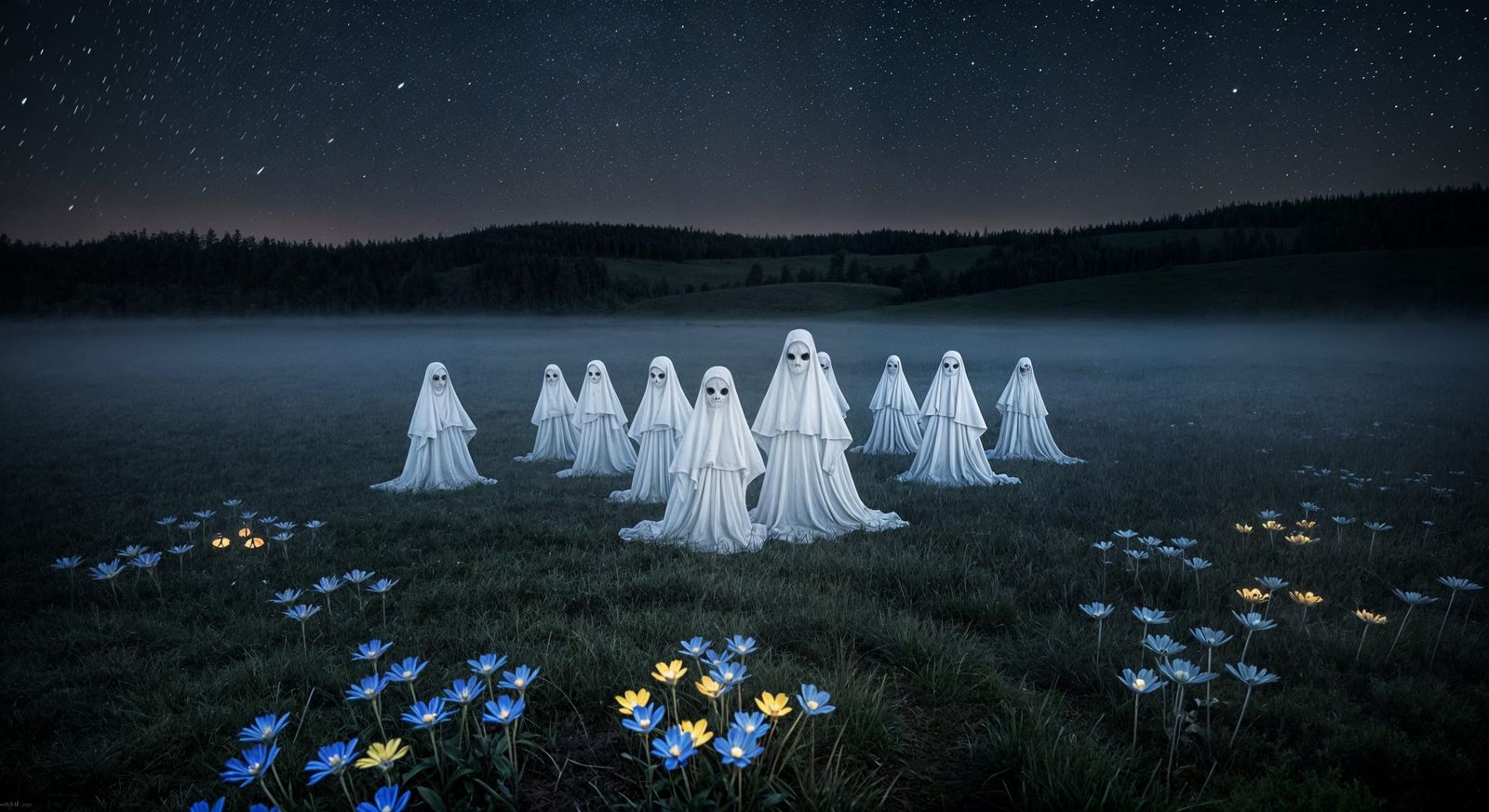 Spectres Dancing in Foggy Meadow Under Starry Night