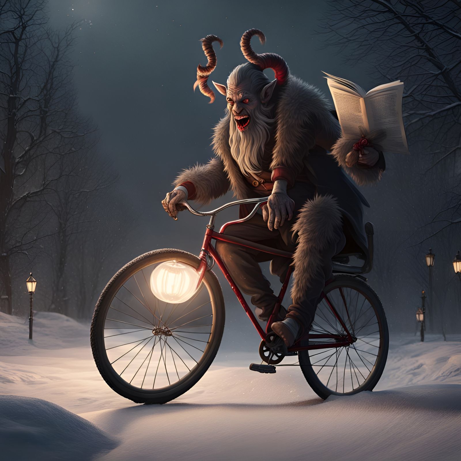 Krampus on Bicycle in Dark Fantasy Landscape