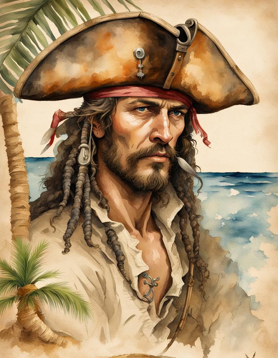 Caribbean Pirate Portrait on Aged Parchment in Watercolor