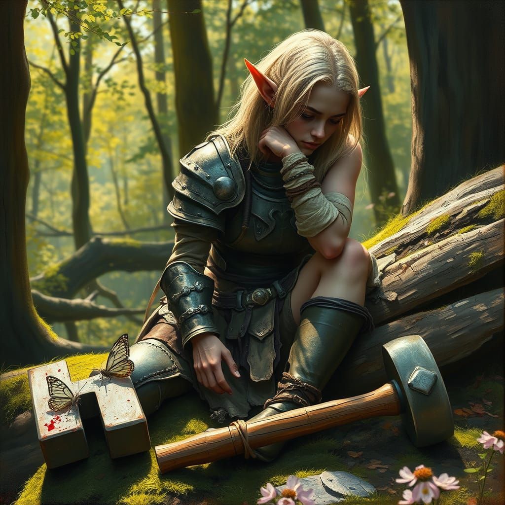 Surreal Tenebrism Oil Painting of Weary Female Elf in Nature
