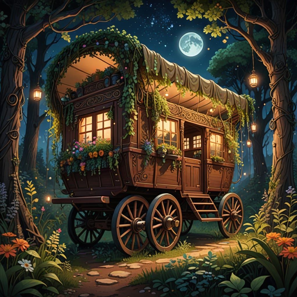 Gypsy Wagon in Forest: Anime Realistic Style Art