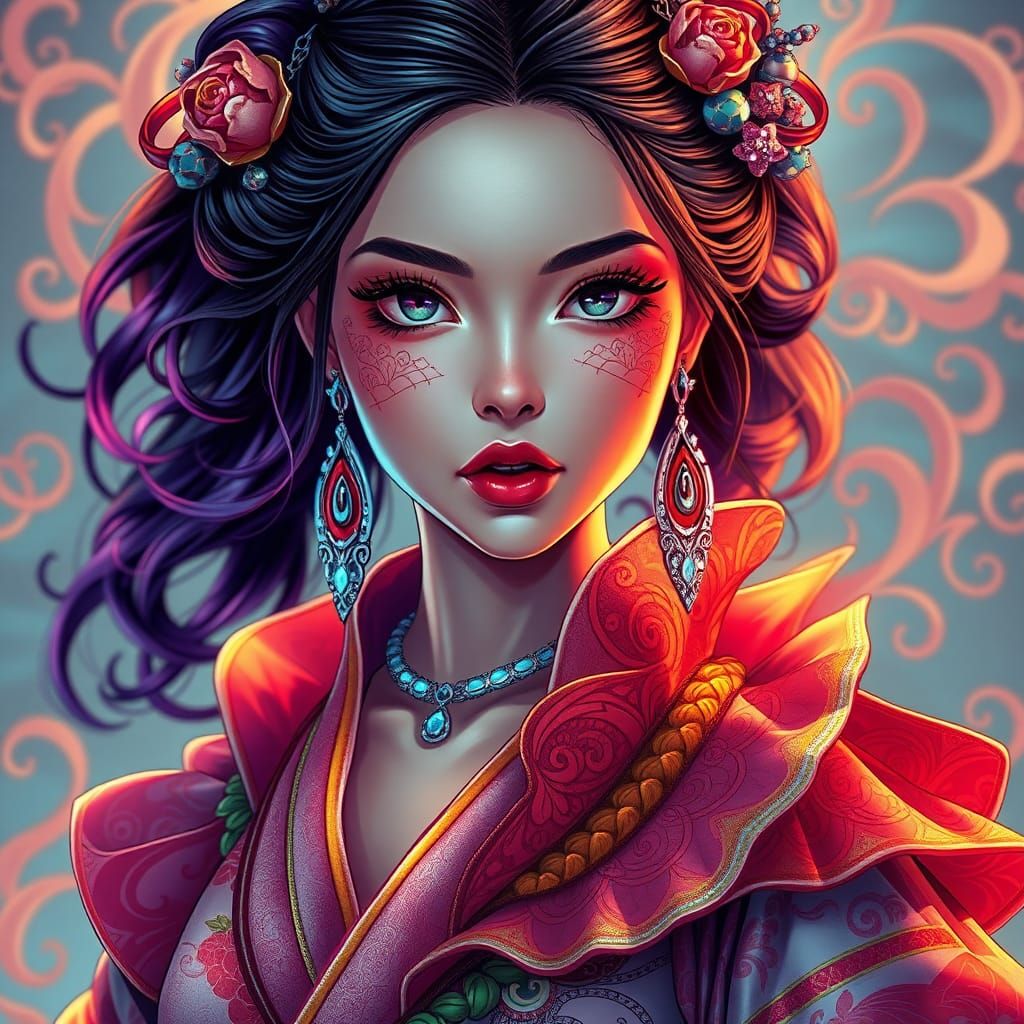 Hyperrealistic Cyberpunk Portrait of Woman in Colorful Cloth...