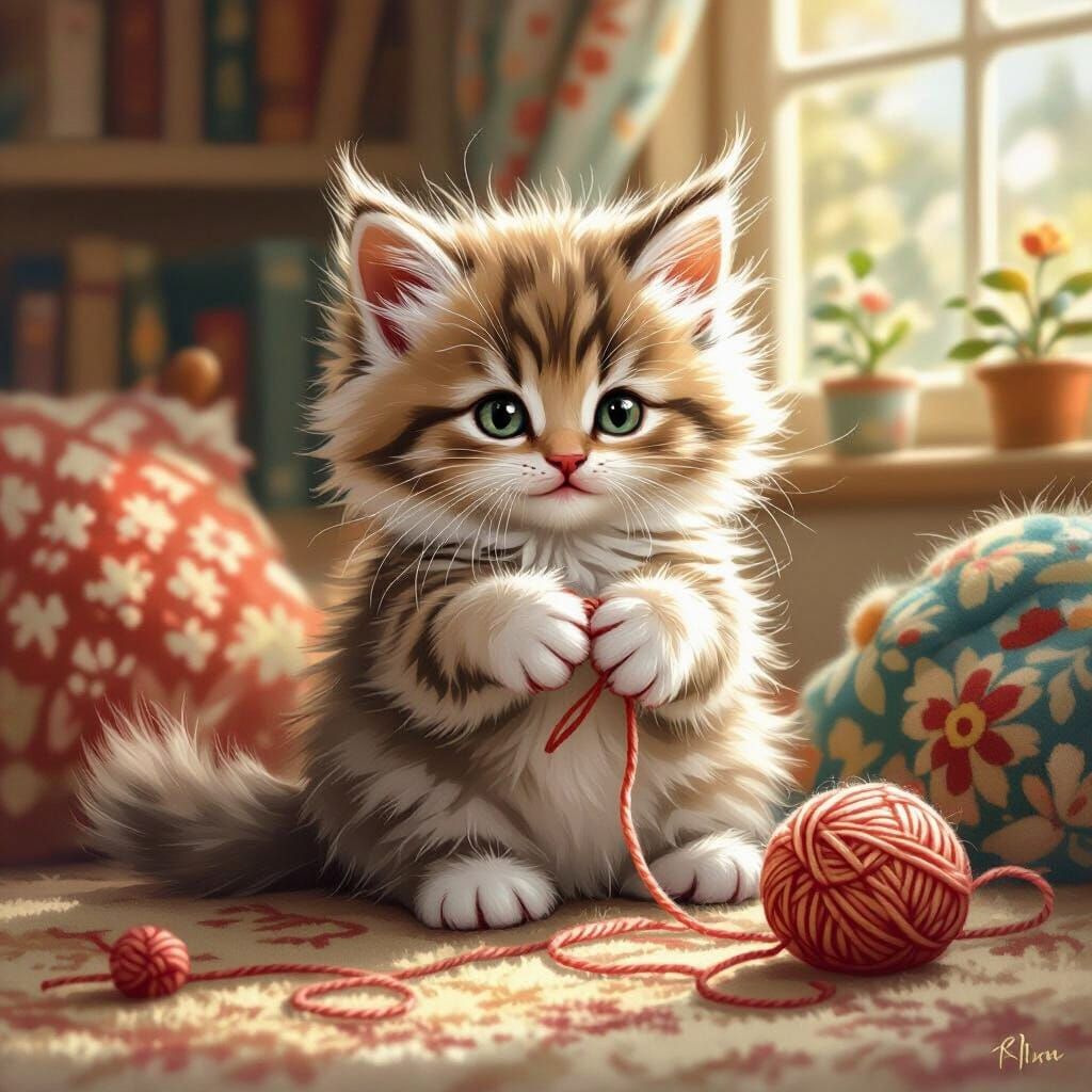 Fluffy Kitten Playing with Yarn in Cozy Room